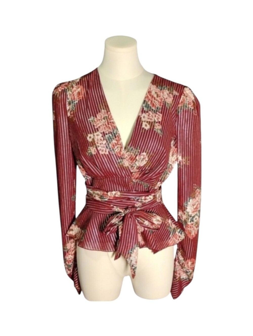 Wayf Cranberry Red Blouse With Silver Thread and Pink Roses Size Extra Small